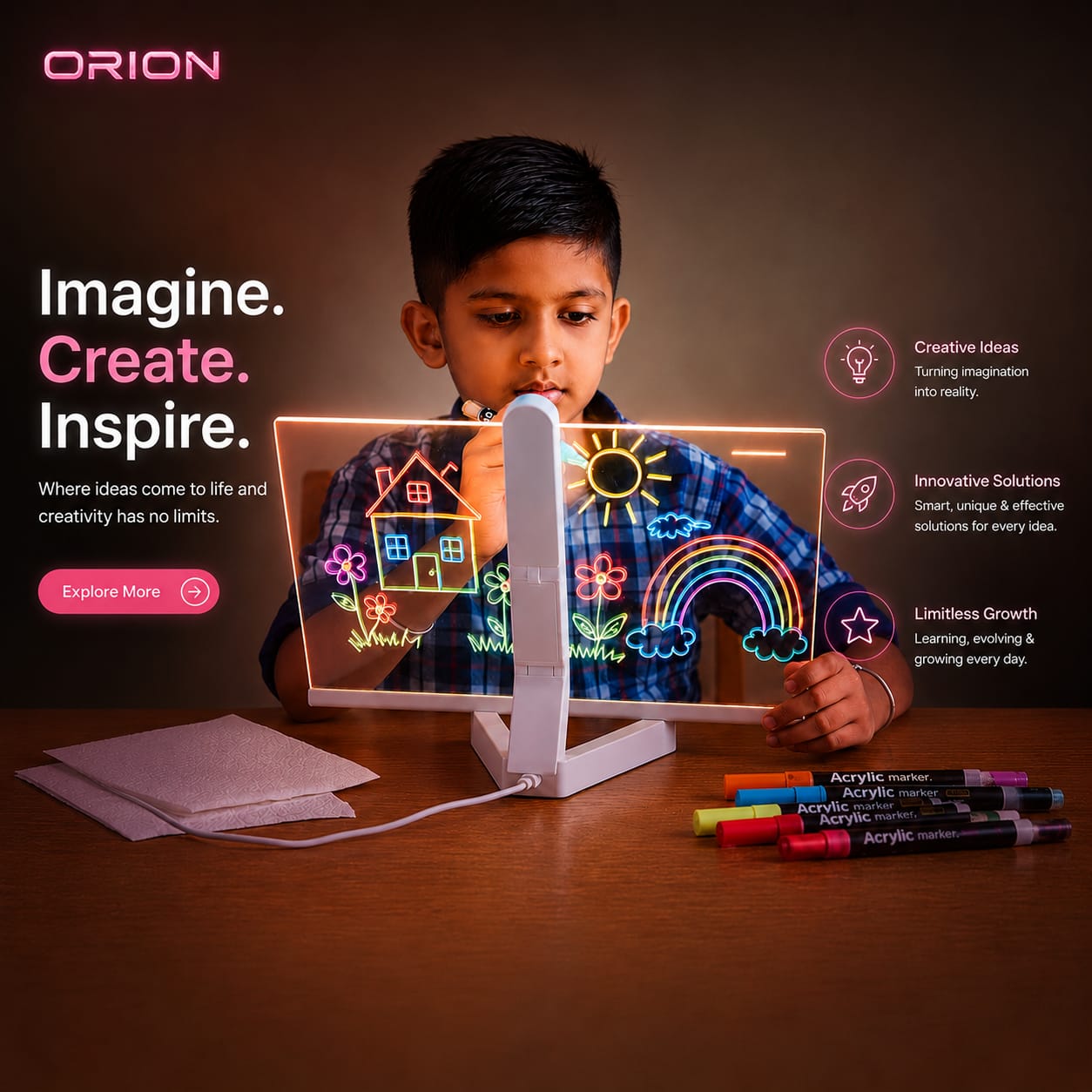 ORION™ Magic LED Drawing Board for Kids | Screen-Free Creative Fun